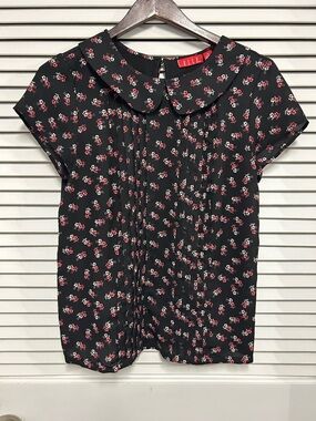 Elle Black Floral Peter Pan Collar Blouse with Pintucks